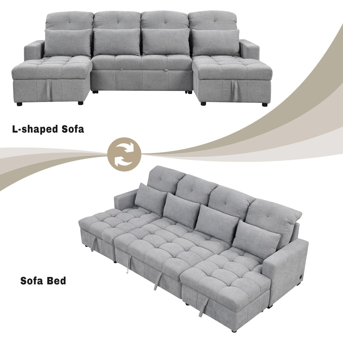 110.2' Oversized U-shaped Sofa Versatile Sectional Sofa Pull-out Sofa Bed with Double Storage Chaise Lounges and Two USB Ports for Living Room,Gray