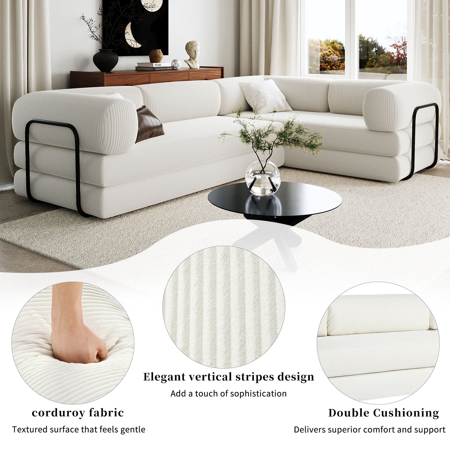 U_Style L-Shaped Modular Sofa Bed in Corduroy Fabric, Ideal for Living Rooms and Apartments