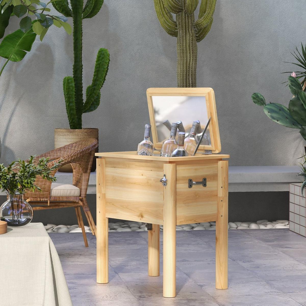 Wooden Patio Cooler, 54Qt. Outdoor Beverage Cooler with Bottle Opener and 3 Handles for Backyard Deck Poolside Party, Natural