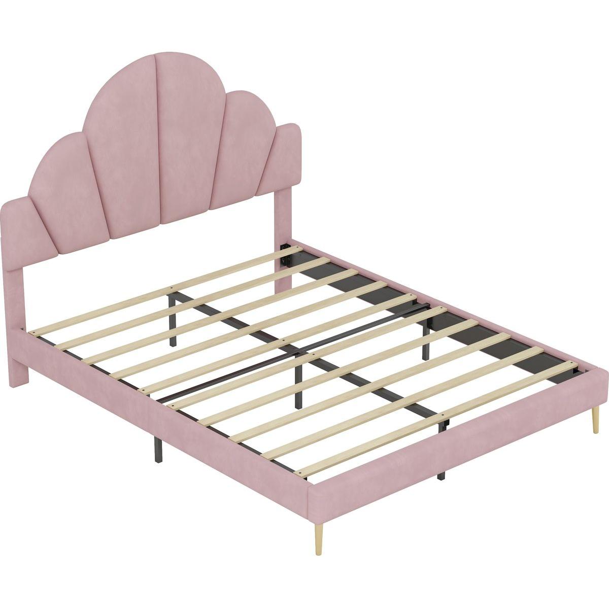 3 Pieces Bedroom Sets, Queen Size Modern Velvet Upholstered Bed Frame with Petal Shape Headboard, 3 Drawers Nightstands, Pink