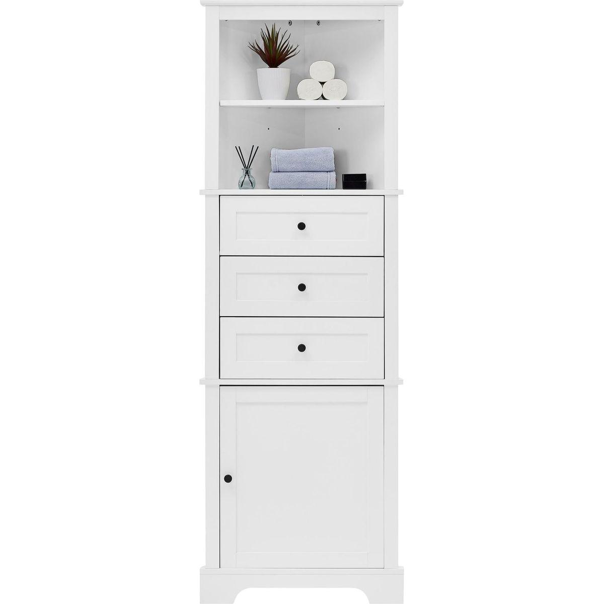 White Triangle Tall Cabinet with 3 Drawers and Adjustable Shelves for Bathroom, Kitchen or Living Room, MDF Board with Painted Finish