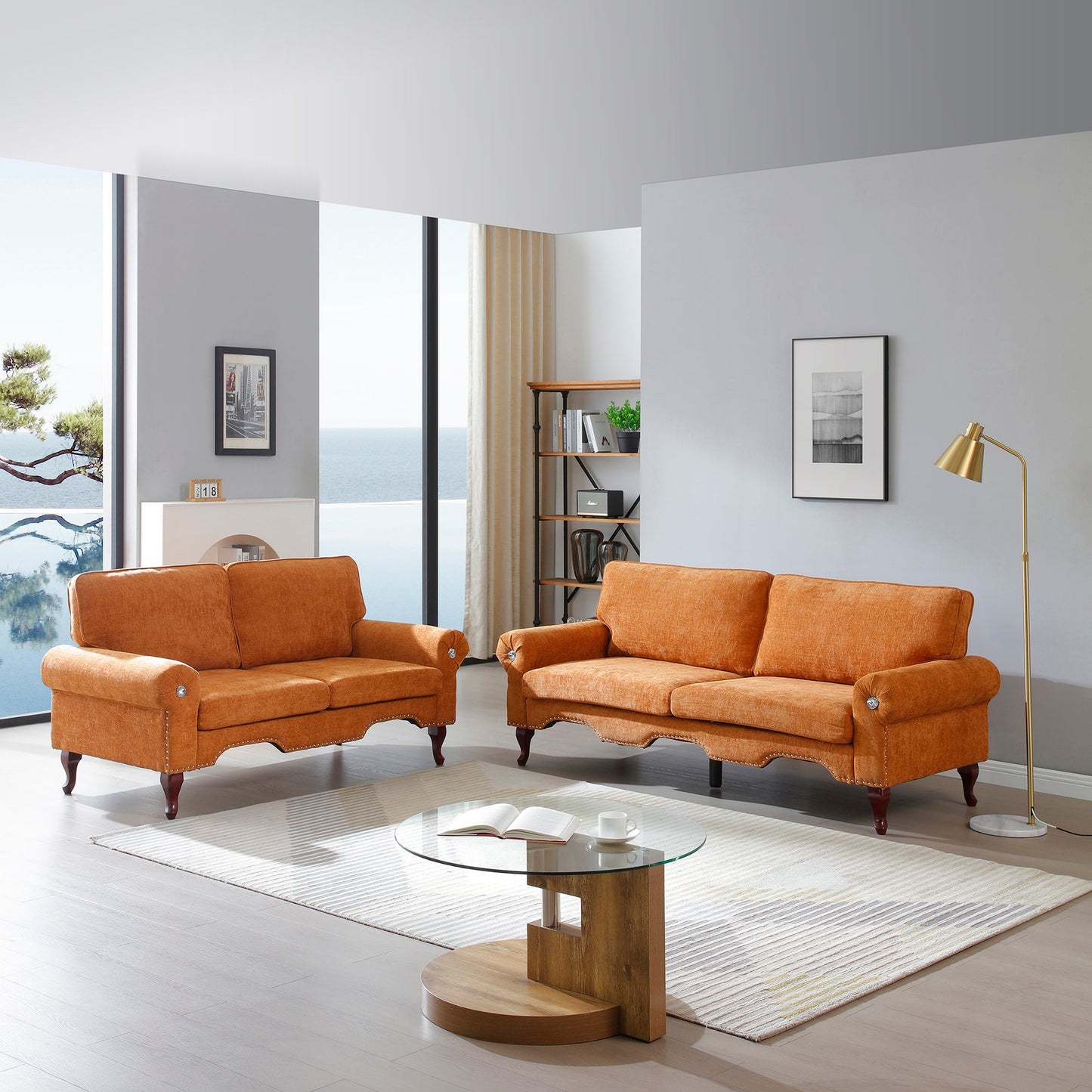 2 Piece Sectional Sofa Set with Movable Pillows, 5 Seat Convertible Couch Sets, Upholstered Sofa for Living Room Office, Bedroom & Apartment, Orange