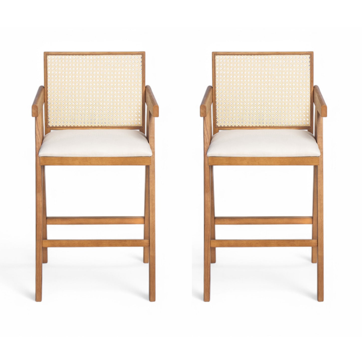 27' Height, Cream Woven Cane Plastic Backrest Bar Stool - Foam-Padded Fabric Seat & Durable Rubberwood Frame