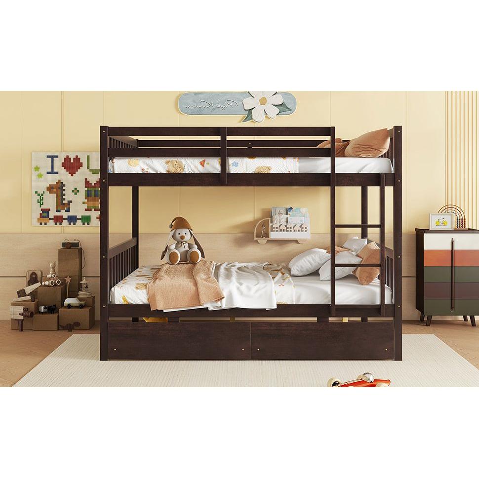 full Over full Rubber Wood Bunk Bed with 2 Drawers, Convertible into 2 full Beds, full Size Bunk Bed with Ladder and Safety Guardrails ,Espresso