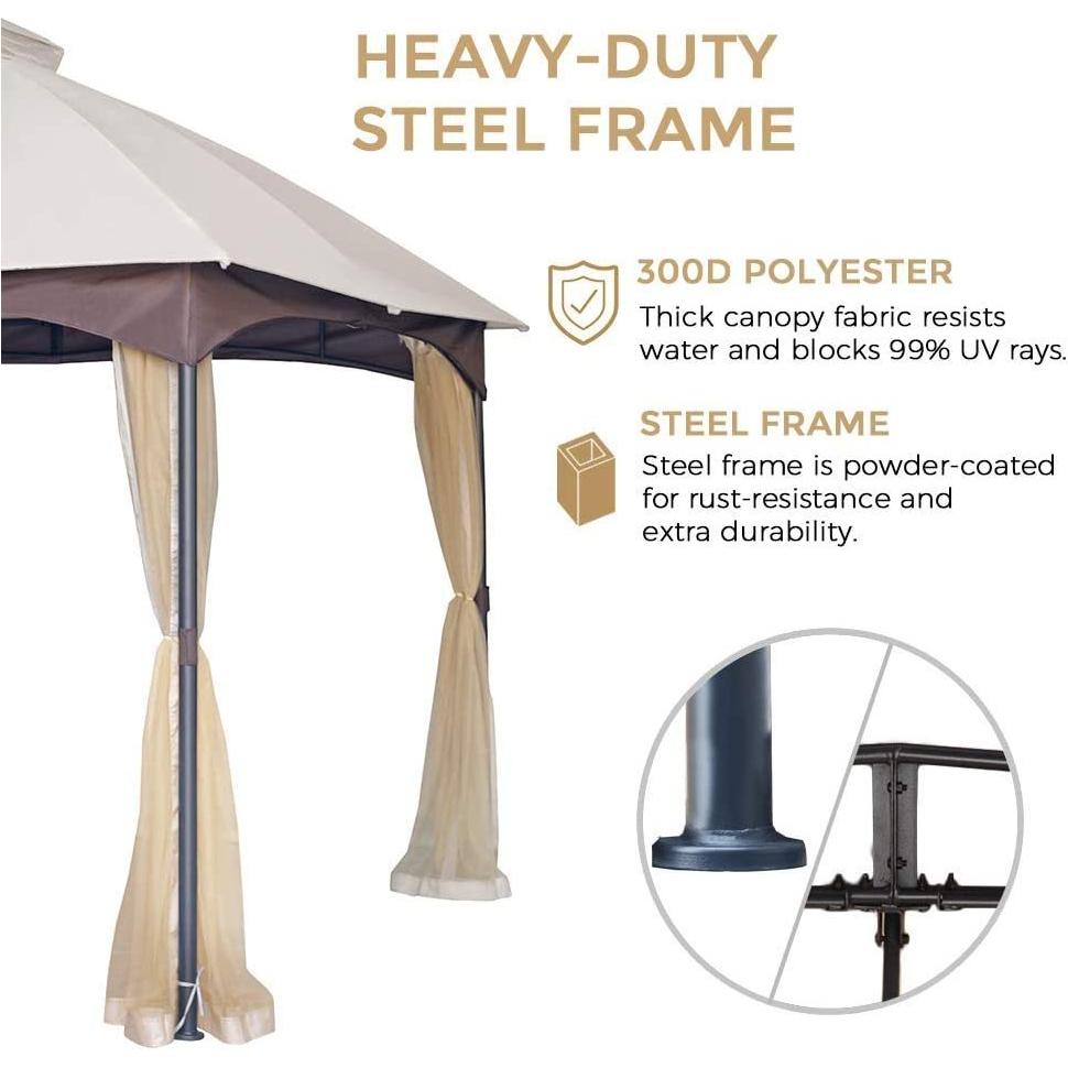 10x12 FT Softtop Metal Gazebo with Mosquito Net&Sunshade Curtains,Sturdy Heavy Duty Double Roof Canopy,Galvanized Steel Design Outdoor Tent,Suitable for Gardens,Patio,Backyard