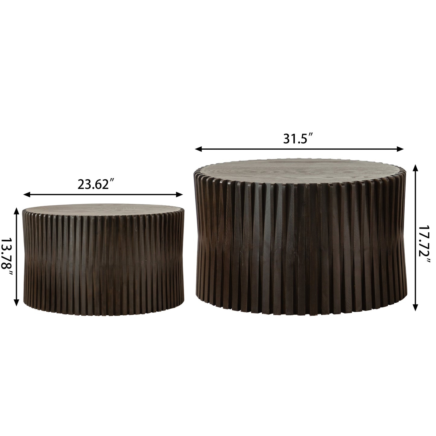 Vintage Fashion Style Cylindrical Nesting Coffee Table Set with Vertical Textured Embossed Design for Living Room, Office and Dining Room, Dark Brown (Set of 2)