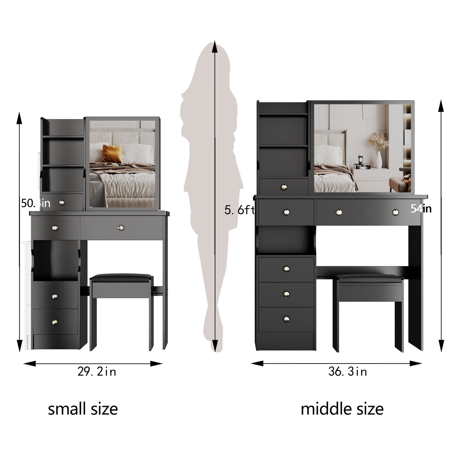 29.2' Small Size Left Drawer Desktop Vanity Table + Cushioned Stool, Extra Large Right sliding mirror, Multi Layer High Capacity Storage, Practical Fashionable Dresser, Suitable For Small Space