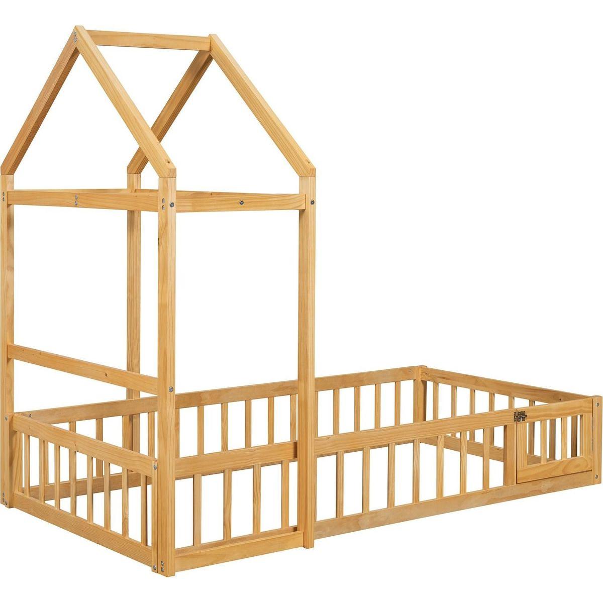 Wooden Floor Bed with Fence Railings and Detachable House Shape Headboard, Twin Size Bed with Kids Dress Up Rack, Kids Montessori Style Playhouse Frame for Girls Boys, Natural