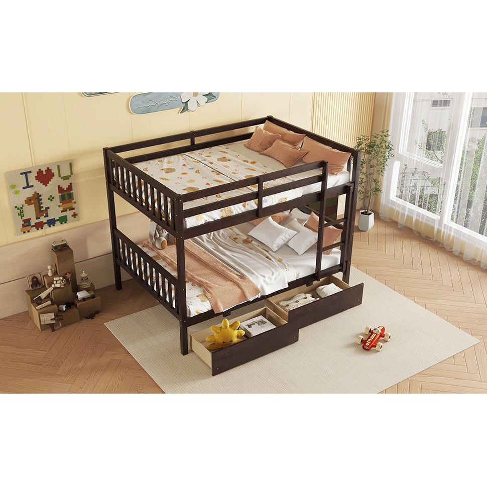 full Over full Rubber Wood Bunk Bed with 2 Drawers, Convertible into 2 full Beds, full Size Bunk Bed with Ladder and Safety Guardrails ,Espresso