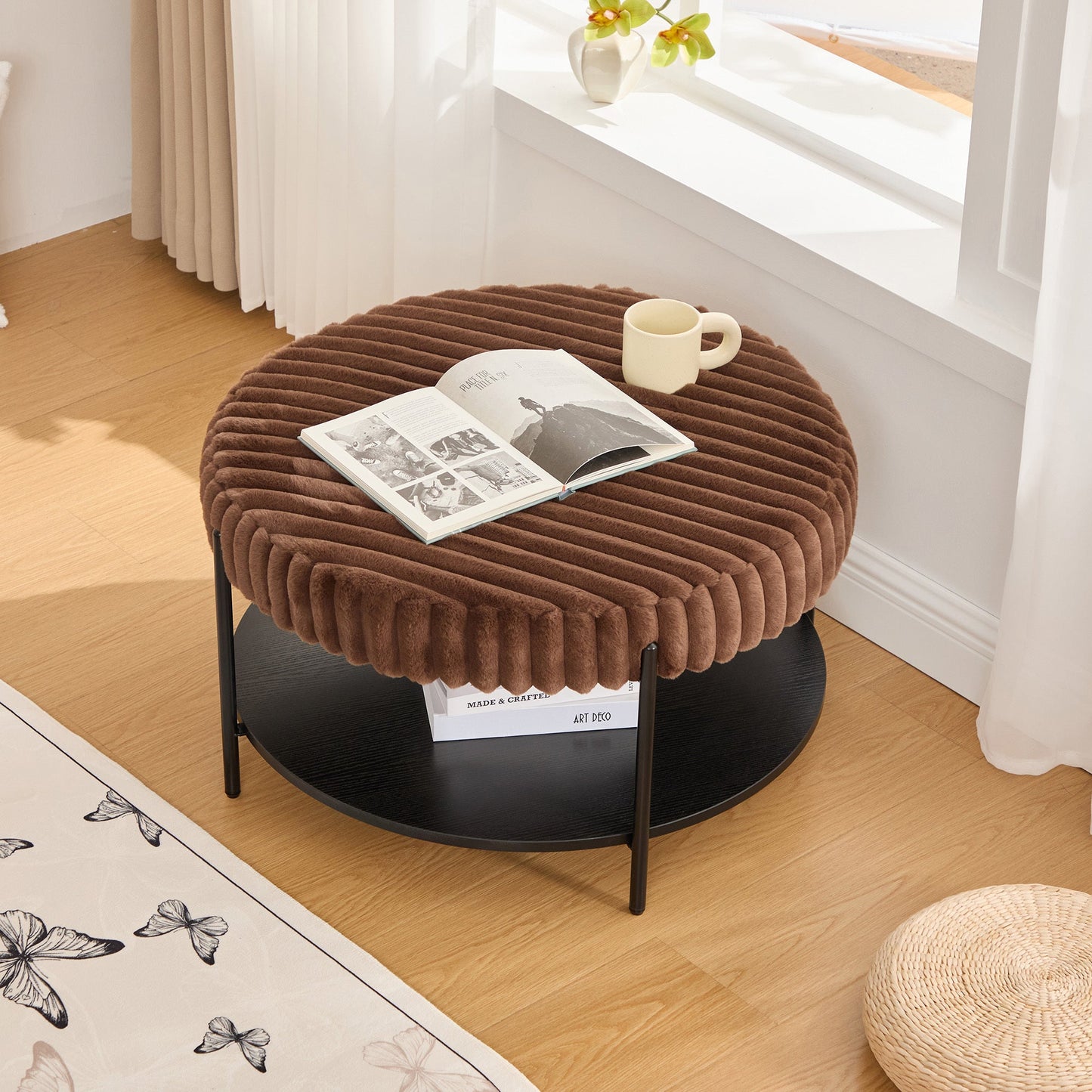 Upholstered Round Ottoman Coffee Table Foot Rest with Black Metal Legs, Brown Faux Fur, 30.9'