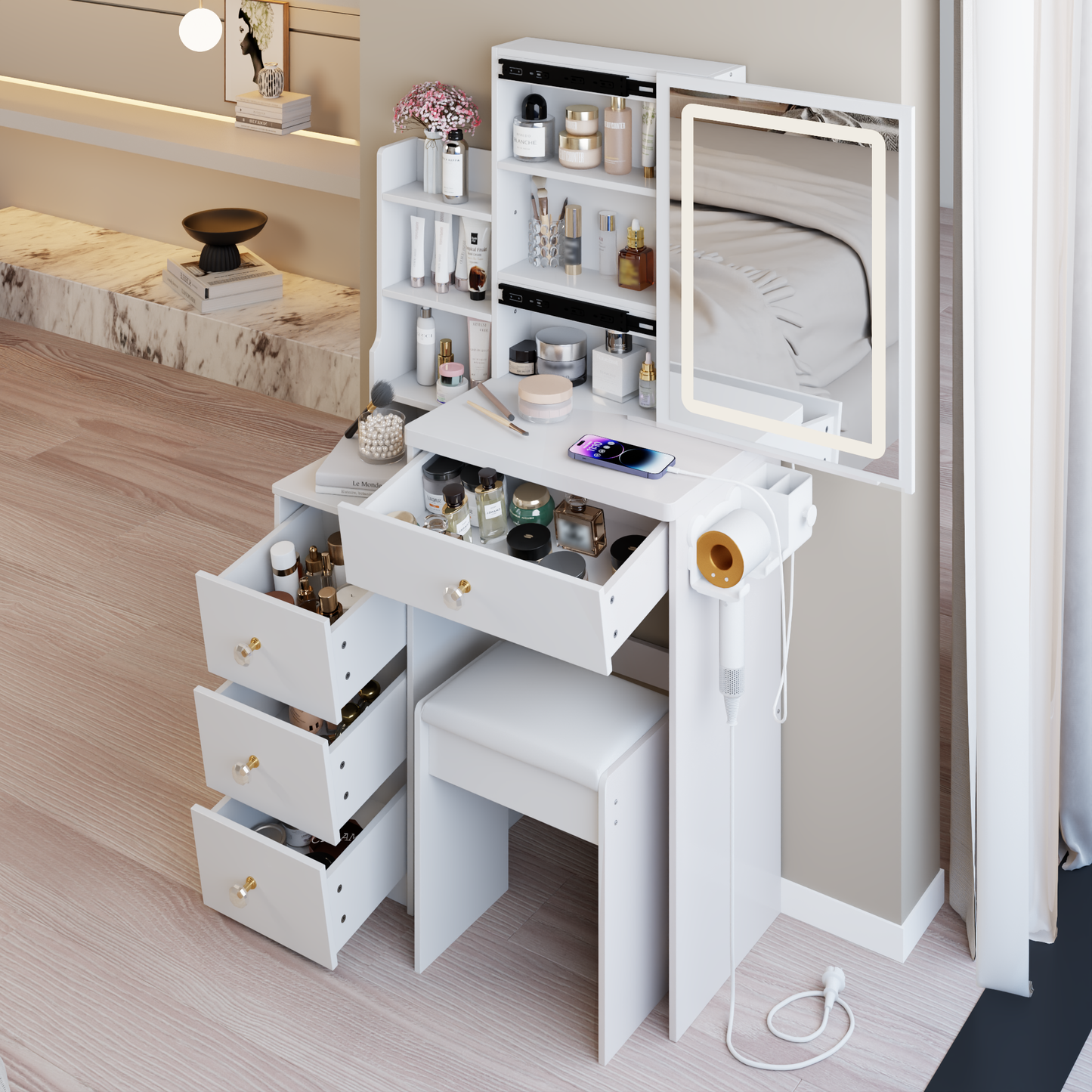 29.2' Small Size Left Bedside Cabinet Vanity Table + Cushioned Stool, 2 AC+2 USB Power Station, Hair dryer bracket, Extra Large Touch Control Sliding LED Mirror, Tri-color Switching, Brightness Adjust