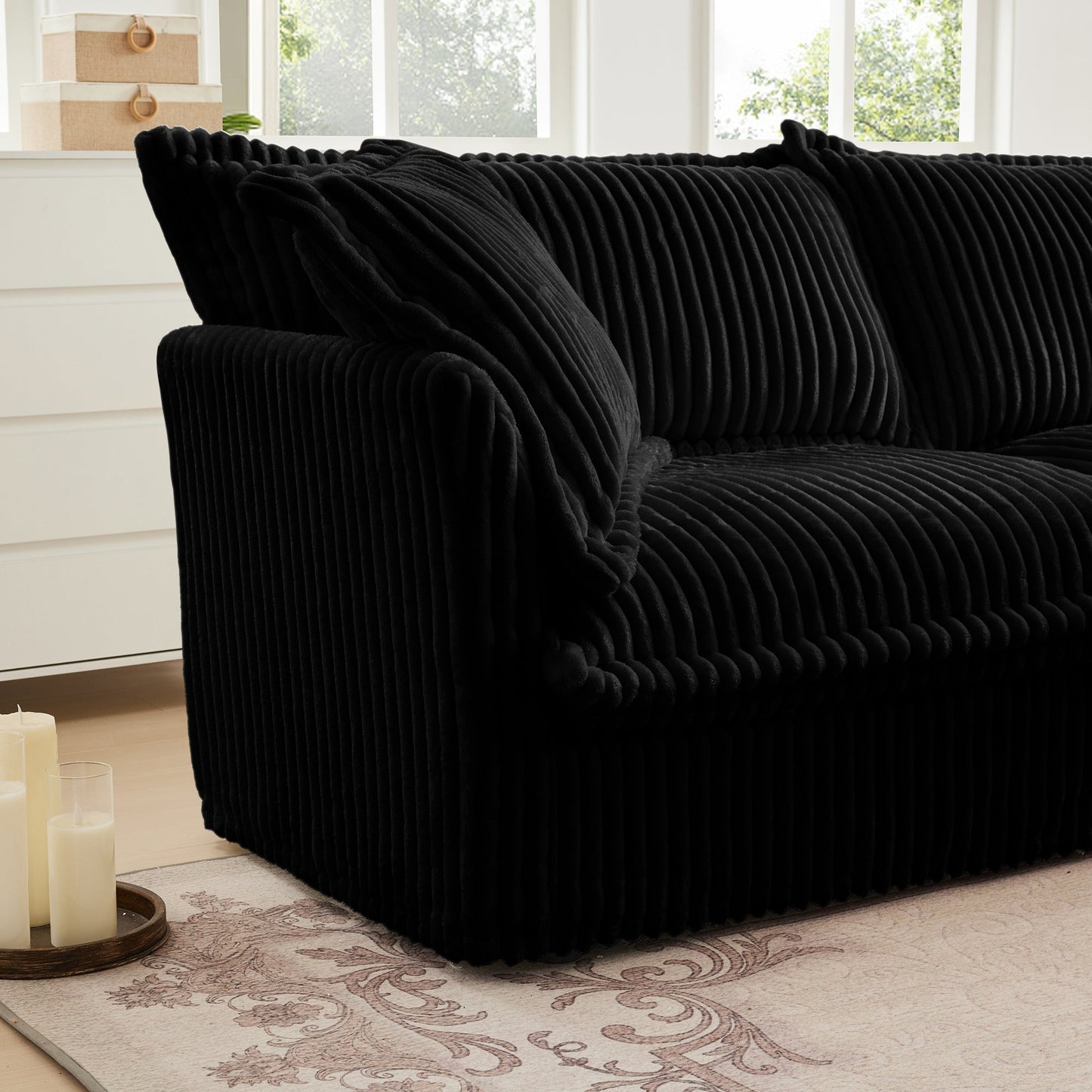 Upholstered Slipcovered Armchair with Ottoman, Deep Seat Armchair W/ Wide Ottoman for Living Room, Armchair Sets with Large Soft Pillows(Set of 2), Black Corduroy Fabric