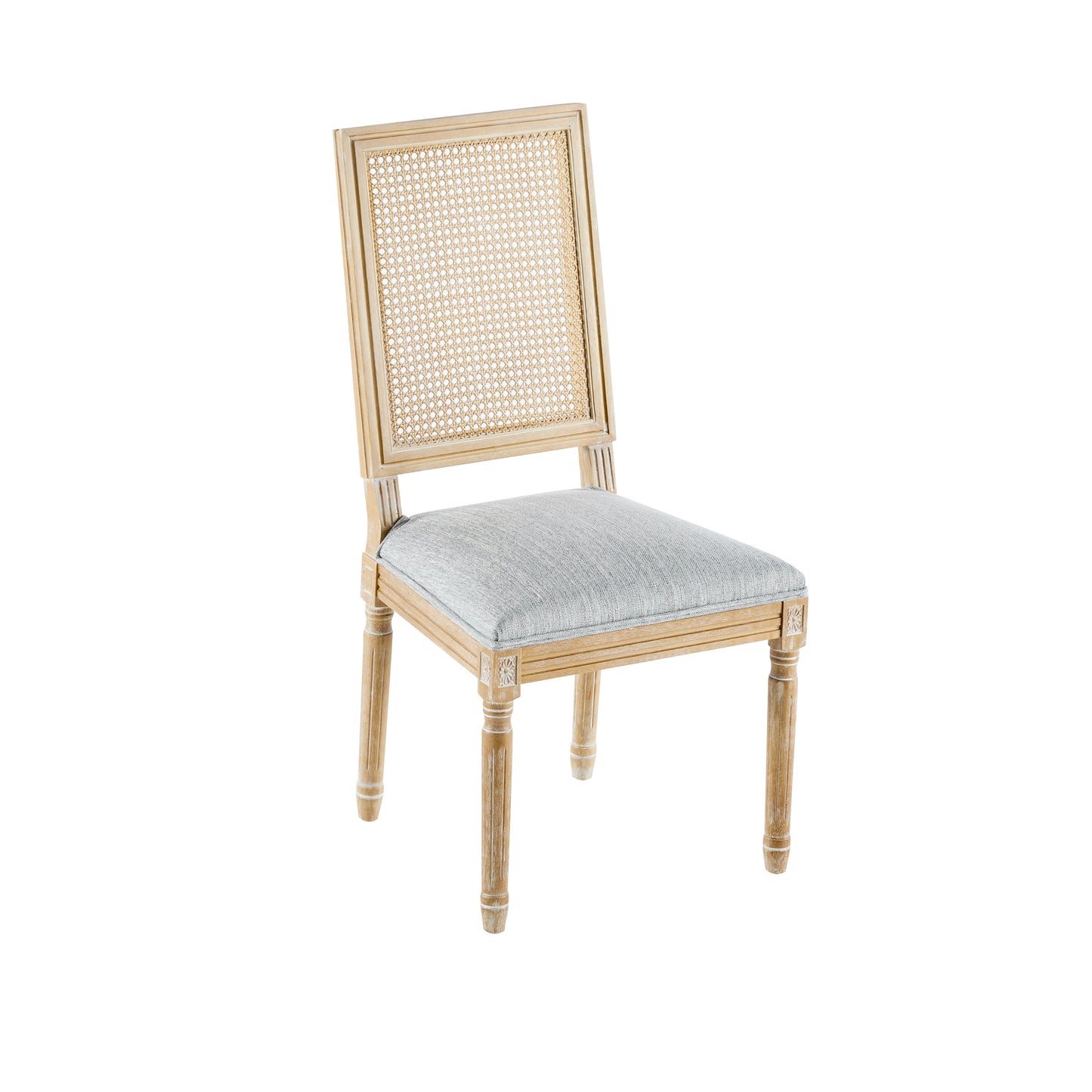 Vintage Inspired French Country Dining Chairs Set - Elegant Cane Backrest & Upholstered Seats - Rustic Weathered Finish - Solid Rubberwood Frame