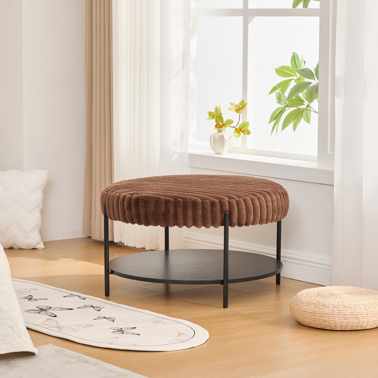 Upholstered Round Ottoman Coffee Table Foot Rest with Black Metal Legs, Brown Faux Fur, 30.9'