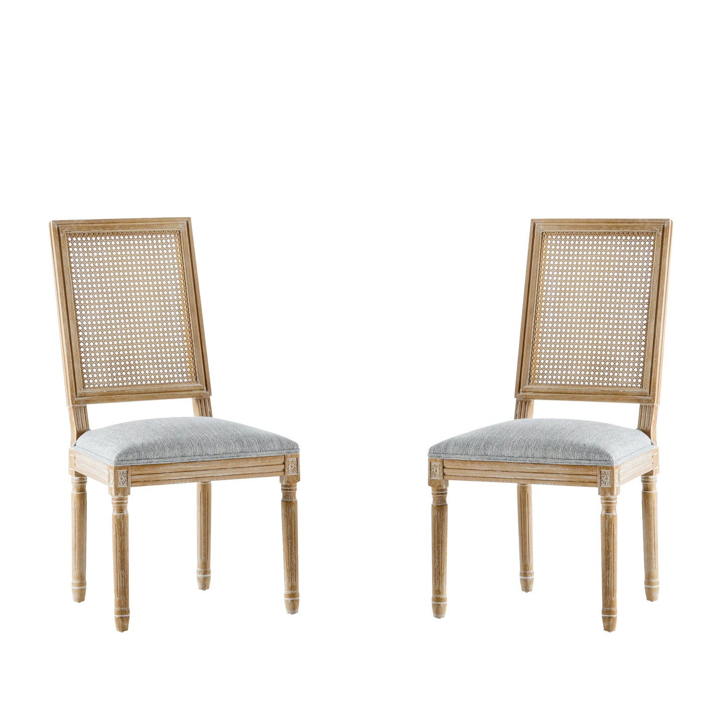 Vintage Inspired French Country Dining Chairs Set - Elegant Cane Backrest & Upholstered Seats - Rustic Weathered Finish - Solid Rubberwood Frame
