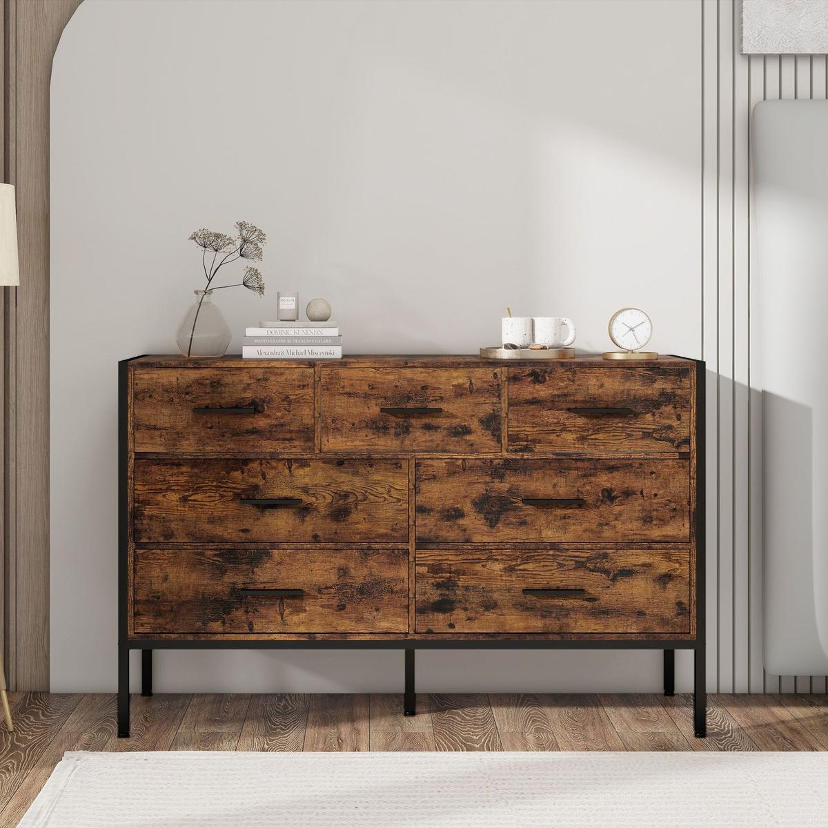 Wood Dresser with 7 Drawers, Wooden Storage Closet for Bedroom, Solid Clothes Cabinet with Sturdy Steel Frame, 48.58"Wx15.75"Dx31.22"H, 48 inch, Rustic Brown