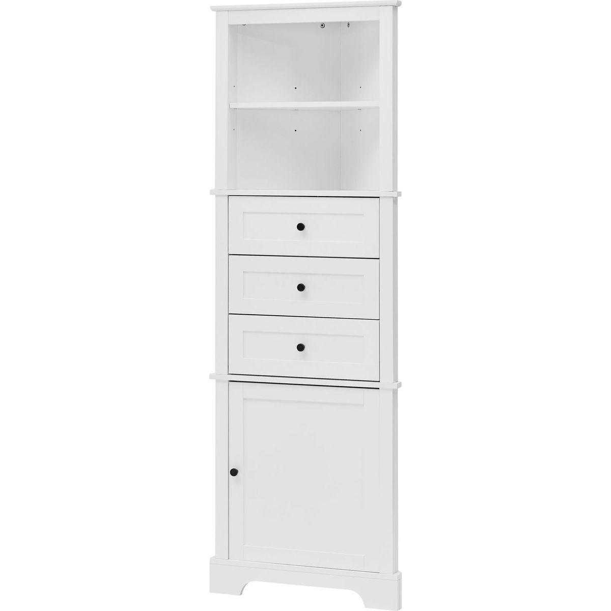 White Triangle Tall Cabinet with 3 Drawers and Adjustable Shelves for Bathroom, Kitchen or Living Room, MDF Board with Painted Finish