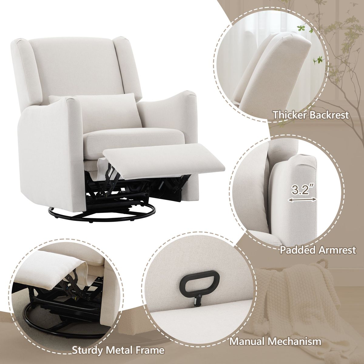29.5'' Wide Wingback Swivel Rocker Recliner Chair, Glider Rocker Recliner, Rocking Chair Nursery for Living Room Bedroom Apartment,Linen,Beige