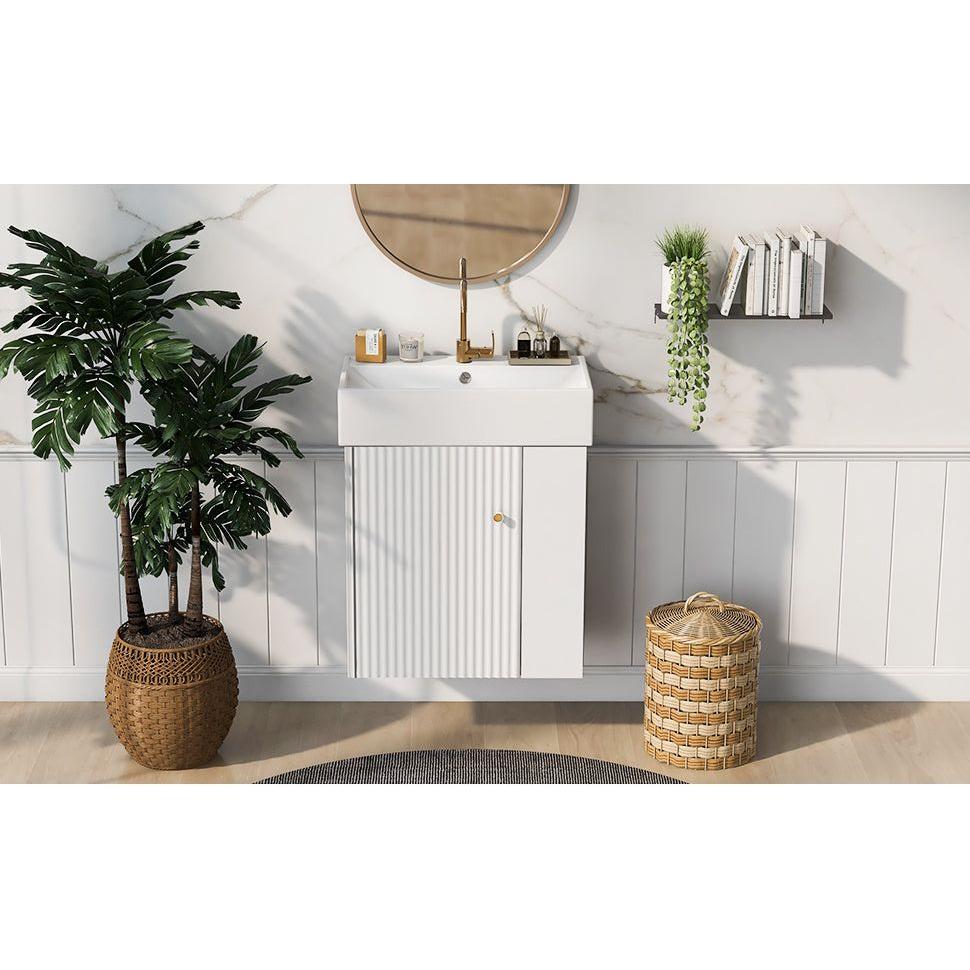 21.6inch Modern Floating Bathroom Vanity with Ceramic Basin - Perfect for Small Bathrooms, Right side storage