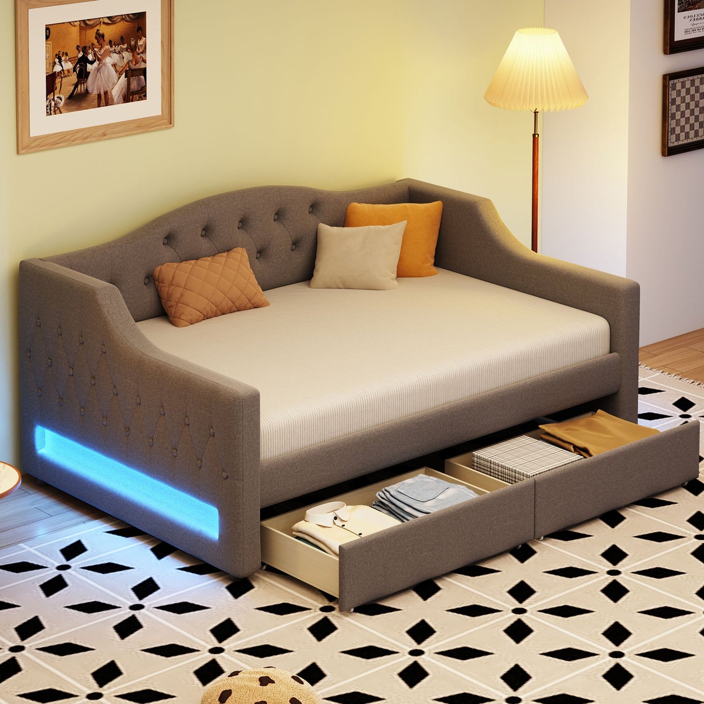 Elegant Upholstered Twin XL Daybed with LED Belt, 2 Drawers, Gray Linen Finish