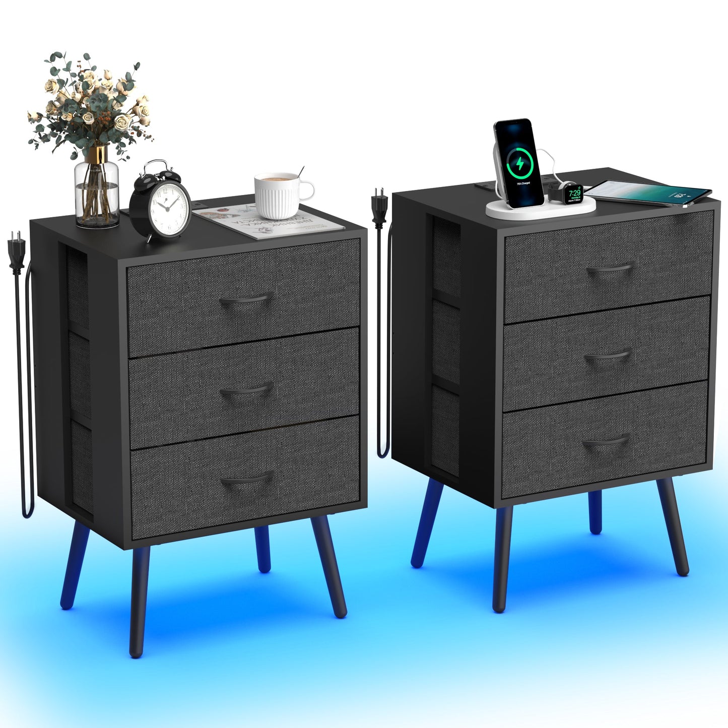 2 Pack Modern Nightstand with Charging Station, Bedside Tables with LED Light and Fabric Drawers