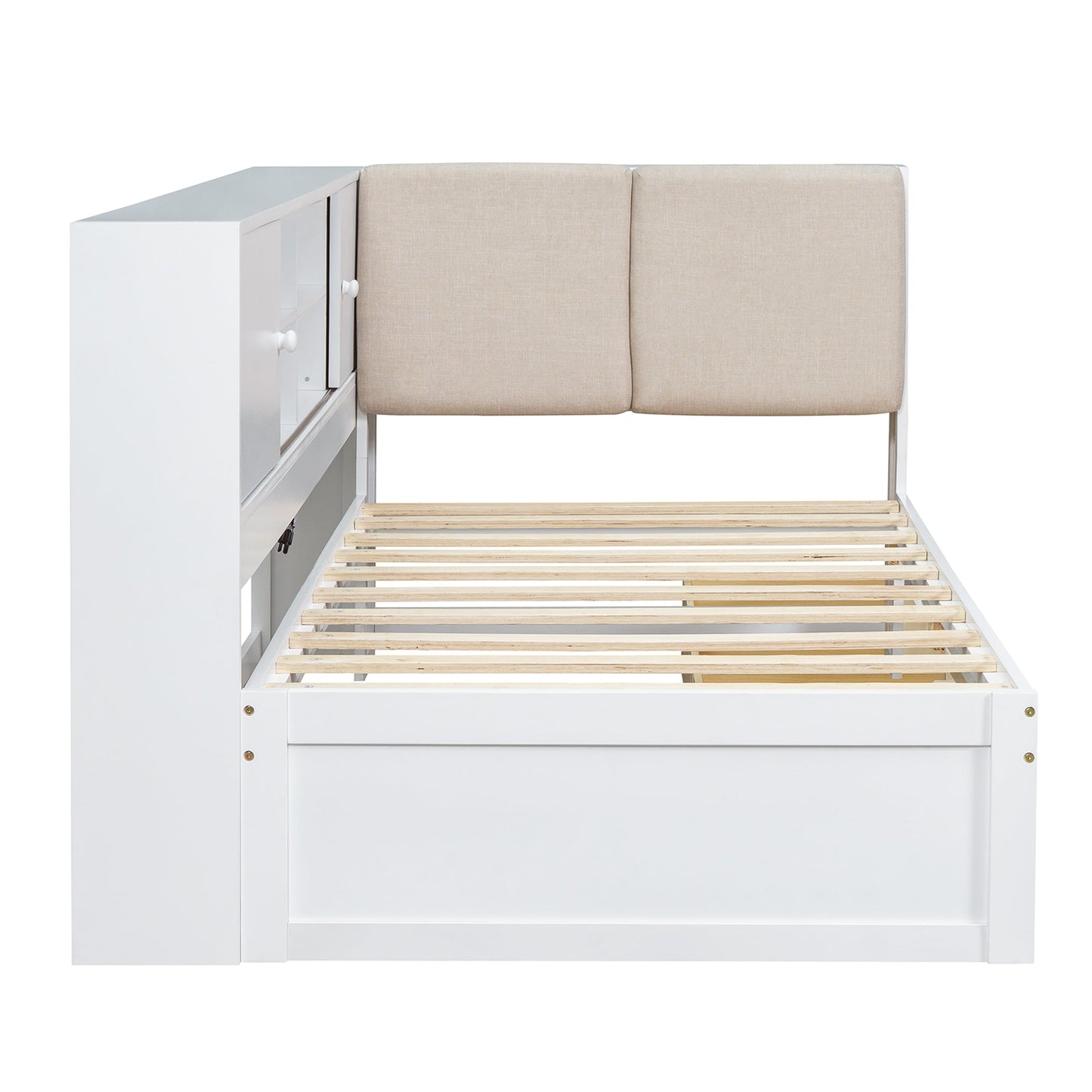 Wooden Twin Size L-shaped Daybed Corner Bed Under-bed Drawers with Storage Bookcase and Upholstered Headboard and USB Charging Ports for Limited Space,White