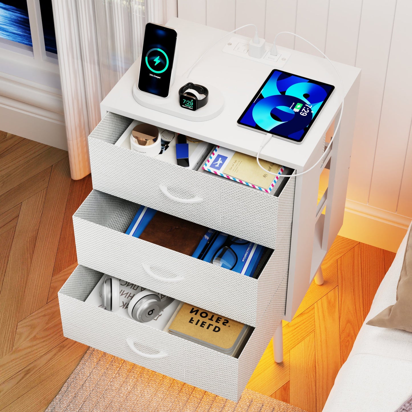 2 Pack Modern Nightstand with Charging Station, Bedside Tables with LED Light and Fabric Drawers