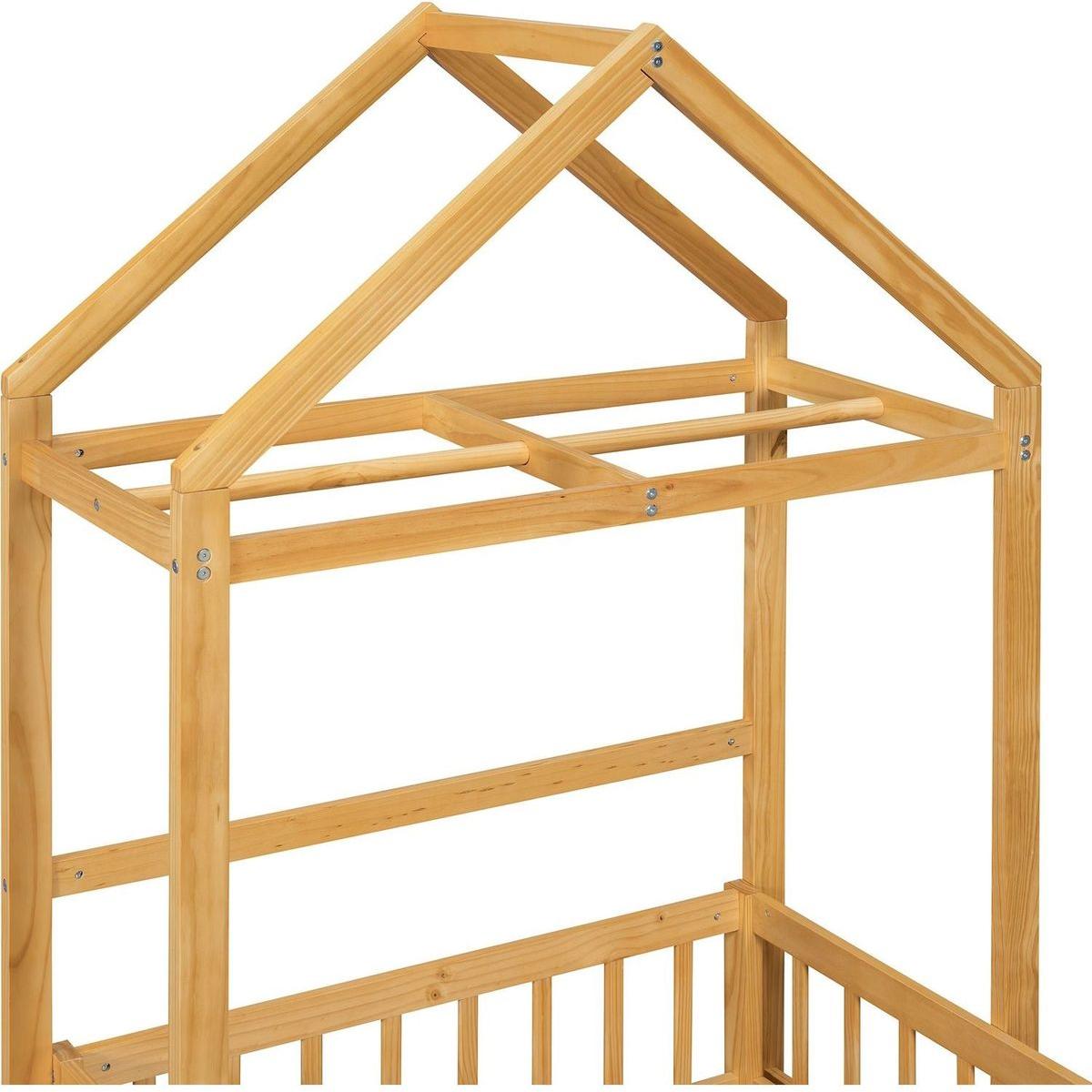 Wooden Floor Bed with Fence Railings and Detachable House Shape Headboard, Twin Size Bed with Kids Dress Up Rack, Kids Montessori Style Playhouse Frame for Girls Boys, Natural