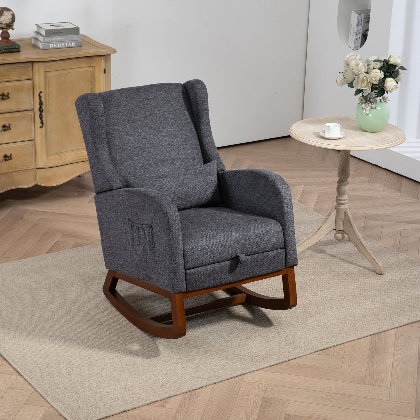 25.4'W Modern Rocking Chair for Nursery, Mid Century Accent Arm Rocker With Retractable Footrest, Side Pocket, Comfy Upholstered Wingback Wooden Glider Chair for Living Room Baby Kids Room. Charcoal