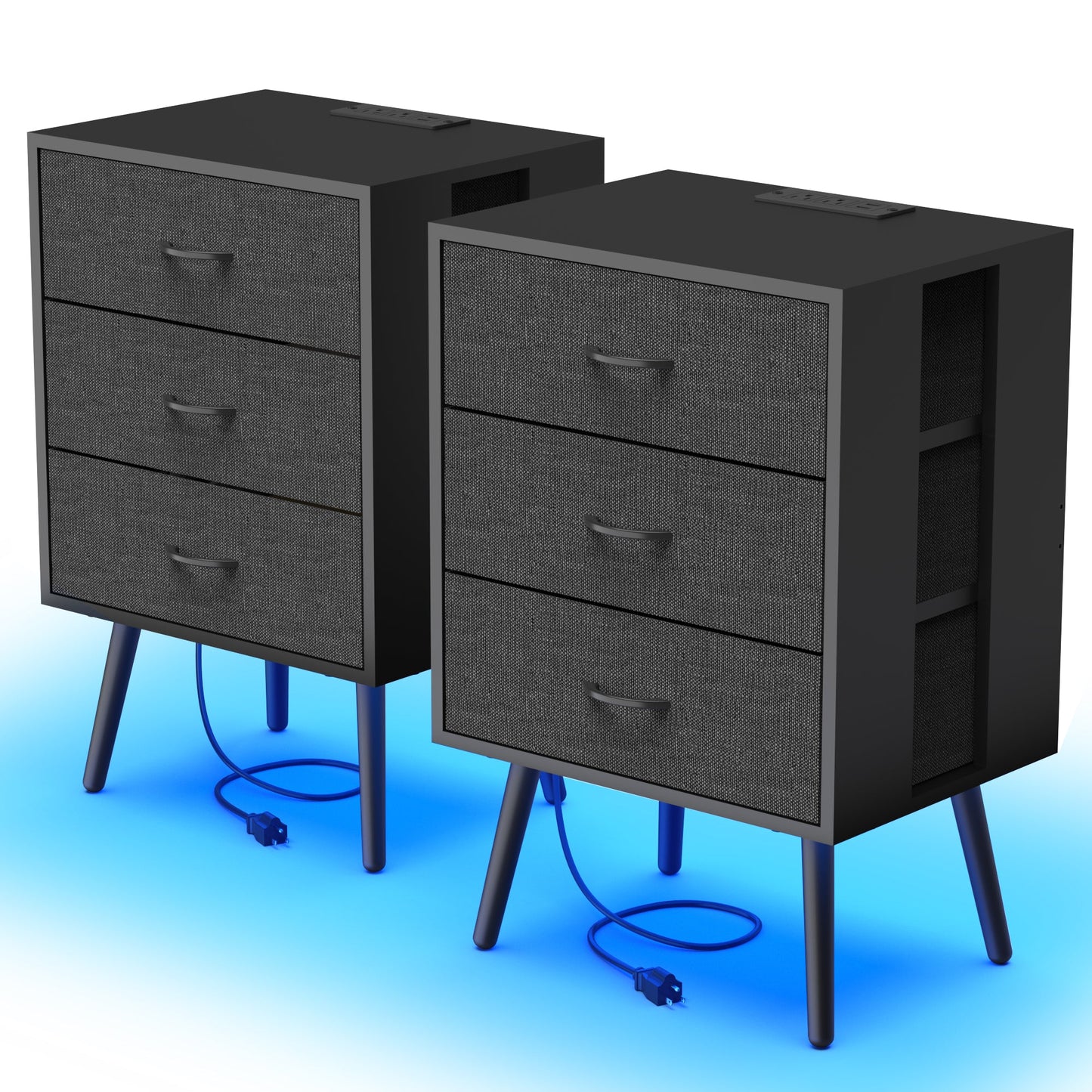 2 Pack Modern Nightstand with Charging Station, Bedside Tables with LED Light and Fabric Drawers