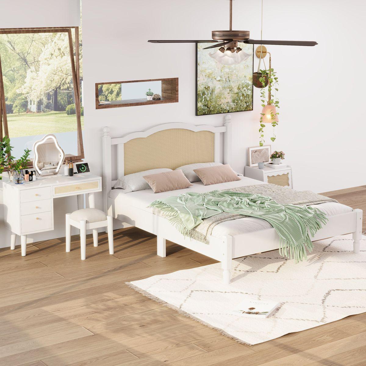 3 Pieces Bedroom Set with Queen Size Wooden Bed Frame, 1 Vintage Nightstand and 1 Makeup Vanity Set with Stool,White
