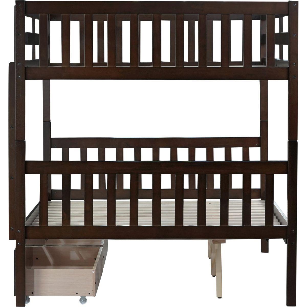 full Over full Rubber Wood Bunk Bed with 2 Drawers, Convertible into 2 full Beds, full Size Bunk Bed with Ladder and Safety Guardrails ,Espresso