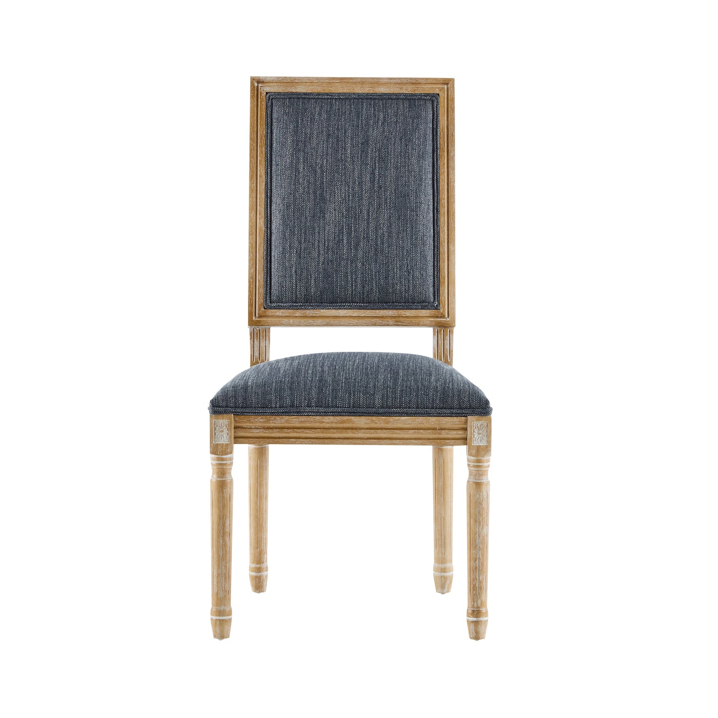 Vintage Inspired Set of 4 French Country Dining Chairs with Elegant Cane Backrest & Upholstered Seats in Rustic Weathered Blue Gray, Solid Rubberwood Frame
