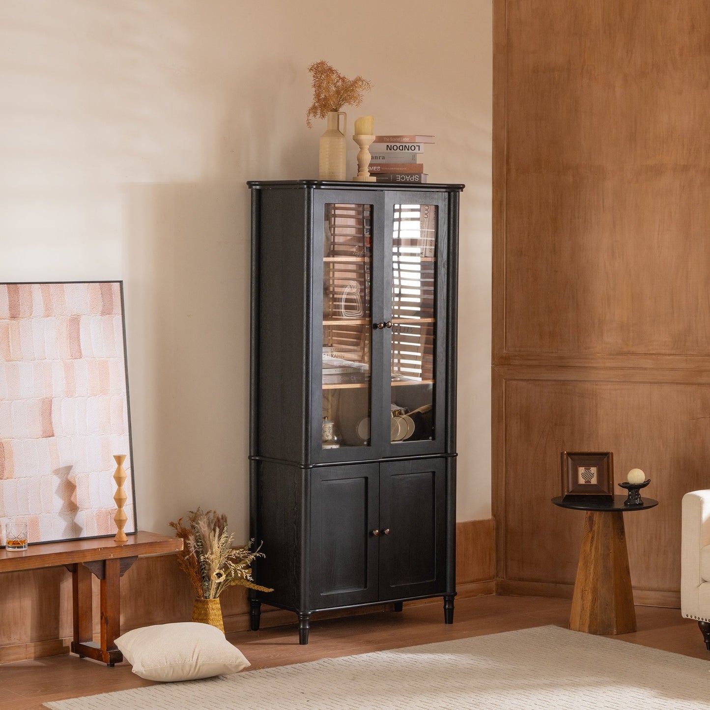 Vintage Display Cabinet with Double Glass Doors, Traditional Style for Collectibles - Black, Ash Wood Veneer, 73.25'' Tall