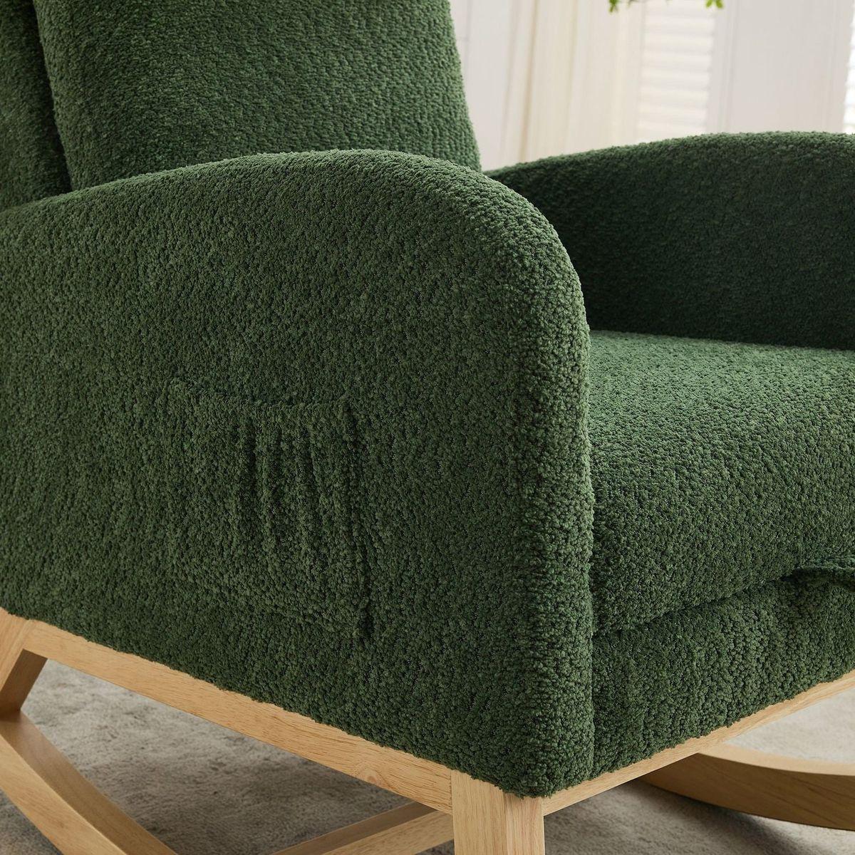 25.4"W Rocking Chair for Nursery, High Back Glider Chair with Retractable Footrest, Side Pocket, Rocking Accent Armchair with Rubber Wood Legs for Living Room/Bedroom.Green