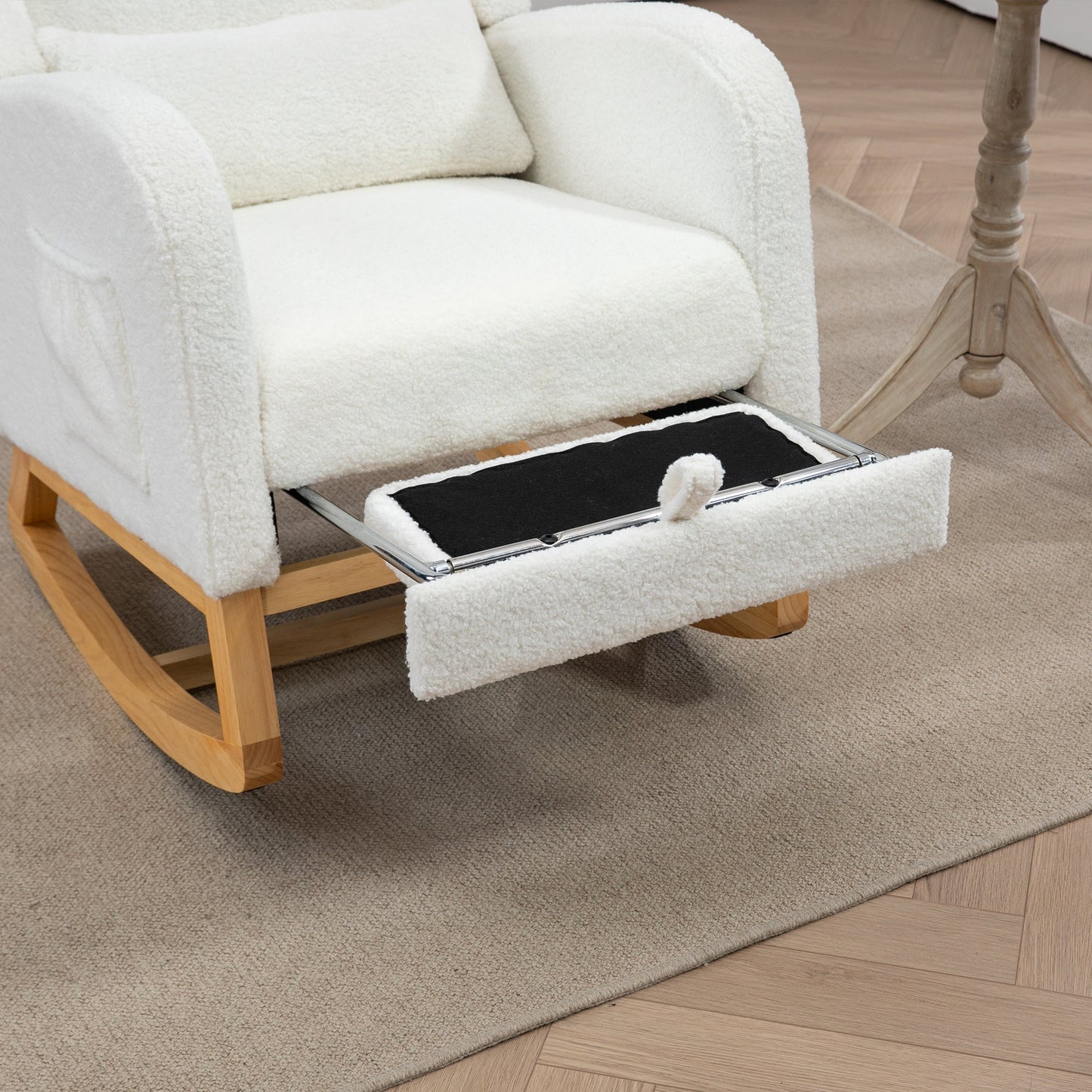 25.4'W Modern Rocking Chair for Nursery, Mid Century Accent Arm Rocker With Retractable Footrest, Side Pocket, Comfy Upholstered Wingback Wooden Glider Chair for Living Room Baby Kids Room. Ivory