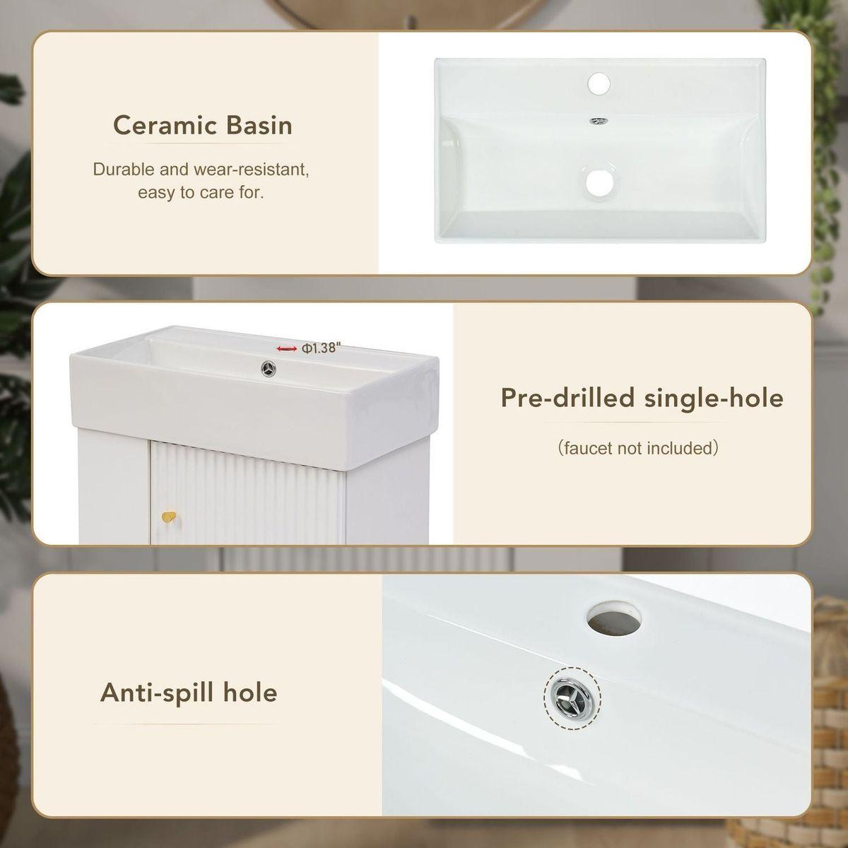21.6inch Modern Floating Bathroom Vanity with Ceramic Basin - Perfect for Small Bathrooms, Left side storage