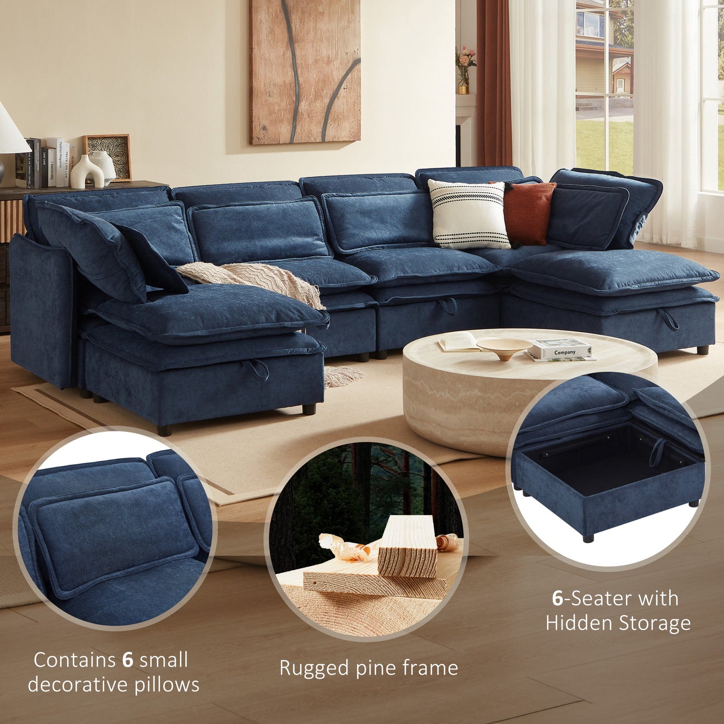 U_Style Double-Layer Cushion Modern Large U-Shaped Modular Sofa, Freely Combinable 6-Seater with Storage Function, Convertible to Sofa Bed, Perfect for Living Rooms, Offices, and Apartments