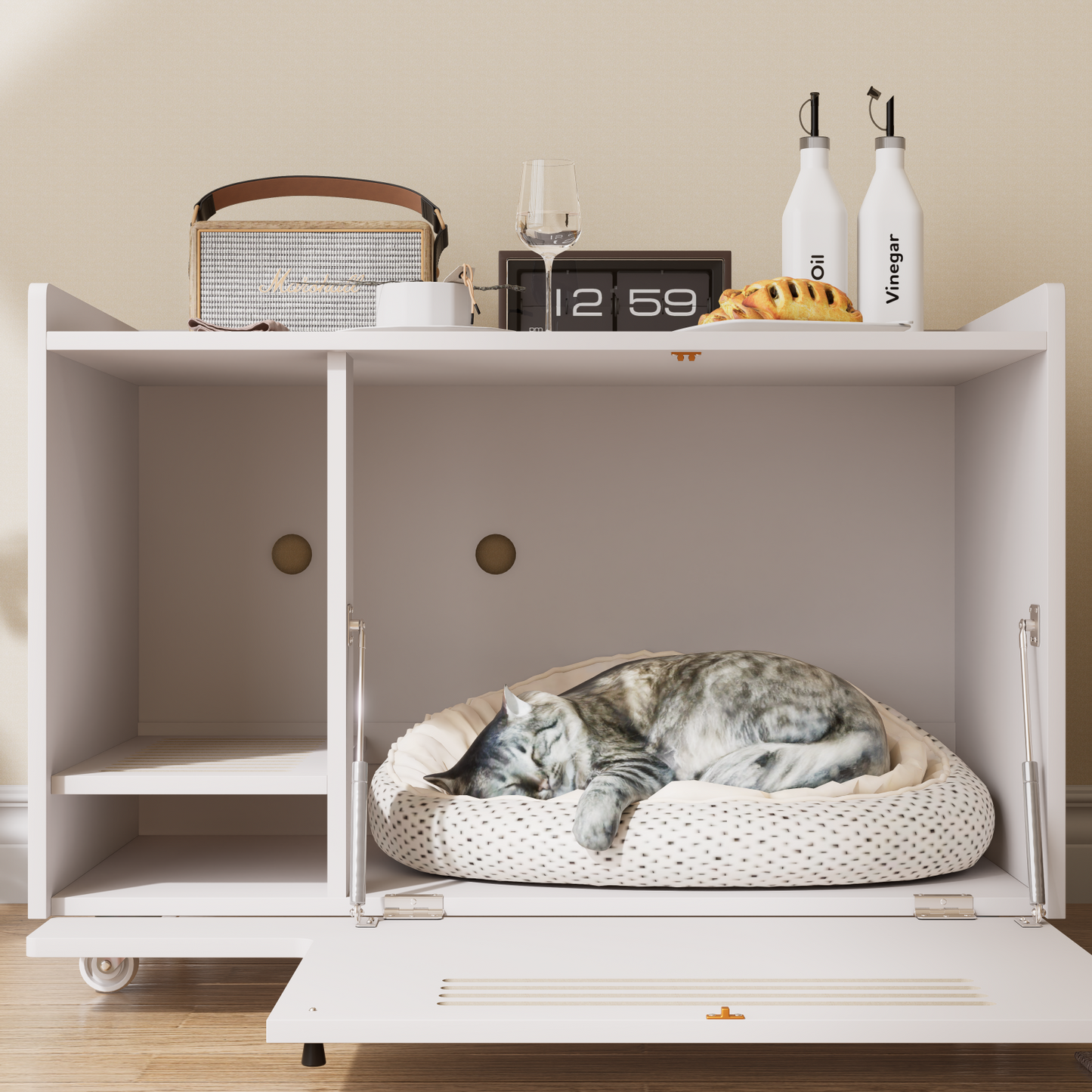 White Cat Litter Box Enclosure,Hidden Litter Box Furniture with top side fence,Wooden Pet House Side End Table, Storage Cabinet Bench for Living Room,,Bedroom, Fit Most of Litter Box