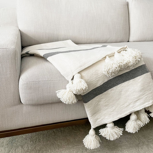 Bedroom Bedding & Decor: Gray Stripe Pom Pom Throw by Tea + Linen