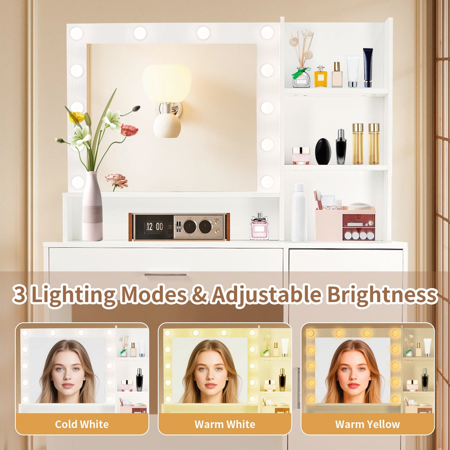 Vanity Desk with Mirror and Adjustable LED Lights, 3 Lighting Modes, Drawer and Storage Cabinet, White MDF
