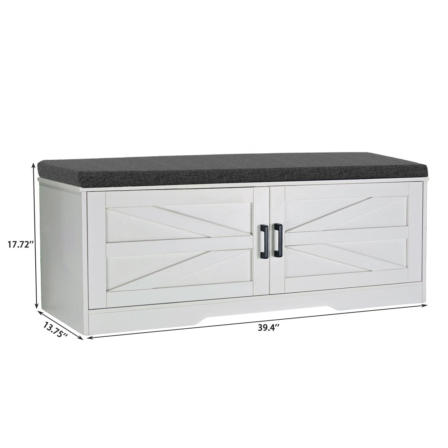 2 Tier Shoe Bench with Padded Seat, 2 Barn Doors and Adjustable Shelves, for Entryway and Living Room, White MDF