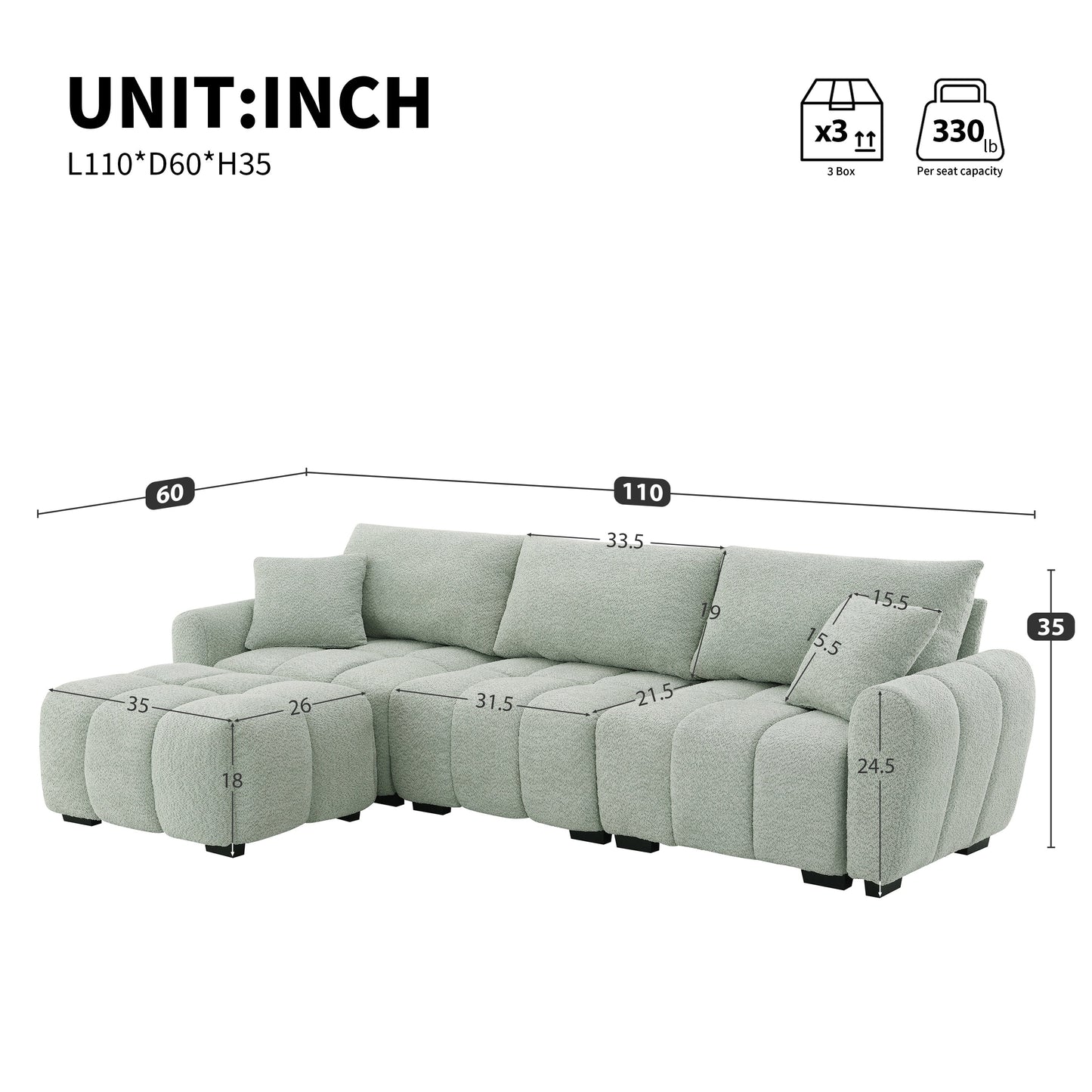 [VIDEO] 110' Modular Sectional Sofa, L Shape with Extra-large Seat, Pull-line Design, Movable Ottoman, High Density Foam, Free Combination, Sturdy Metal&Wood Frame, Boucle Fabric, 3 Colors
