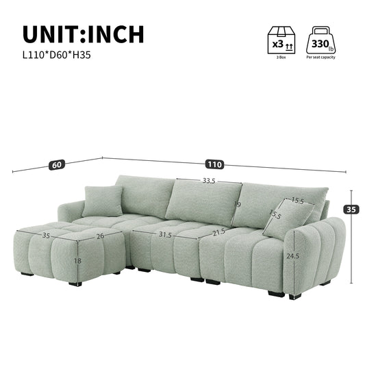 [VIDEO] 110' Modular Sectional Sofa, L Shape with Extra-large Seat, Pull-line Design, Movable Ottoman, High Density Foam, Free Combination, Sturdy Metal&Wood Frame, Boucle Fabric, 3 Colors