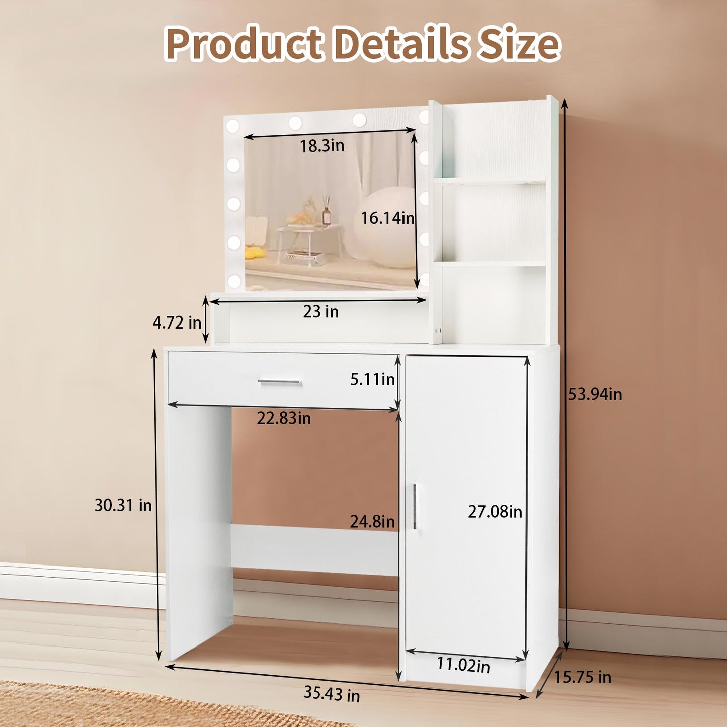 Vanity Desk with Mirror and Adjustable LED Lights, 3 Lighting Modes, Drawer and Storage Cabinet, White MDF