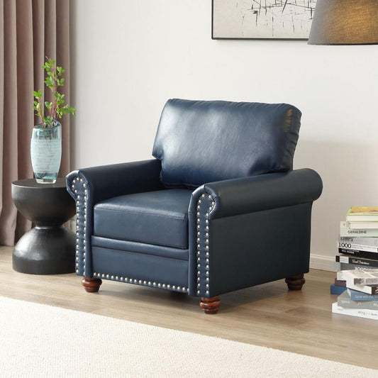 Bedroom Bedding & Decor: Living Room Sofa Single Seat Chair with Wood Leg Navy Blue Faux Leather by Streamdale Furniture