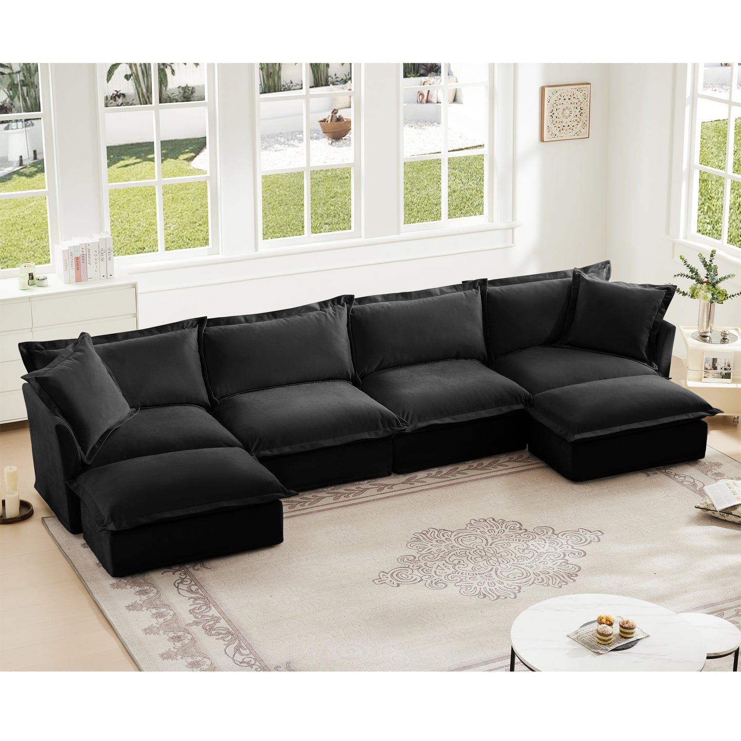 Living Room Decor: Slipcovered U Shape Sectional Wide and Deep Seat Sofa Couch, 4 Seater Sofa with French Edges Design Multiple Big Pillows, Soft Deep Seat Comfy Cloud Couch for Living Room, Apartment, Chenille Fabric by Streamdale Furniture