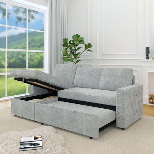 Kitchen Tools & Cookware: 85 Inches Sofa Bed, 3 Seater Sleeper Sofa with Storage Chaise, Square Handrail With Pull and Copper nail,Chenille-Light Grey, Pull Out Couch for Living Room by Streamdale Furniture