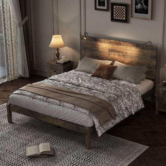Bedroom Bedding & Decor: Farmhouse Wooden Platform Queen Size Bed, Modern Platform Bed with Two Bedside Lights, Antique Walnut by Streamdale Furniture