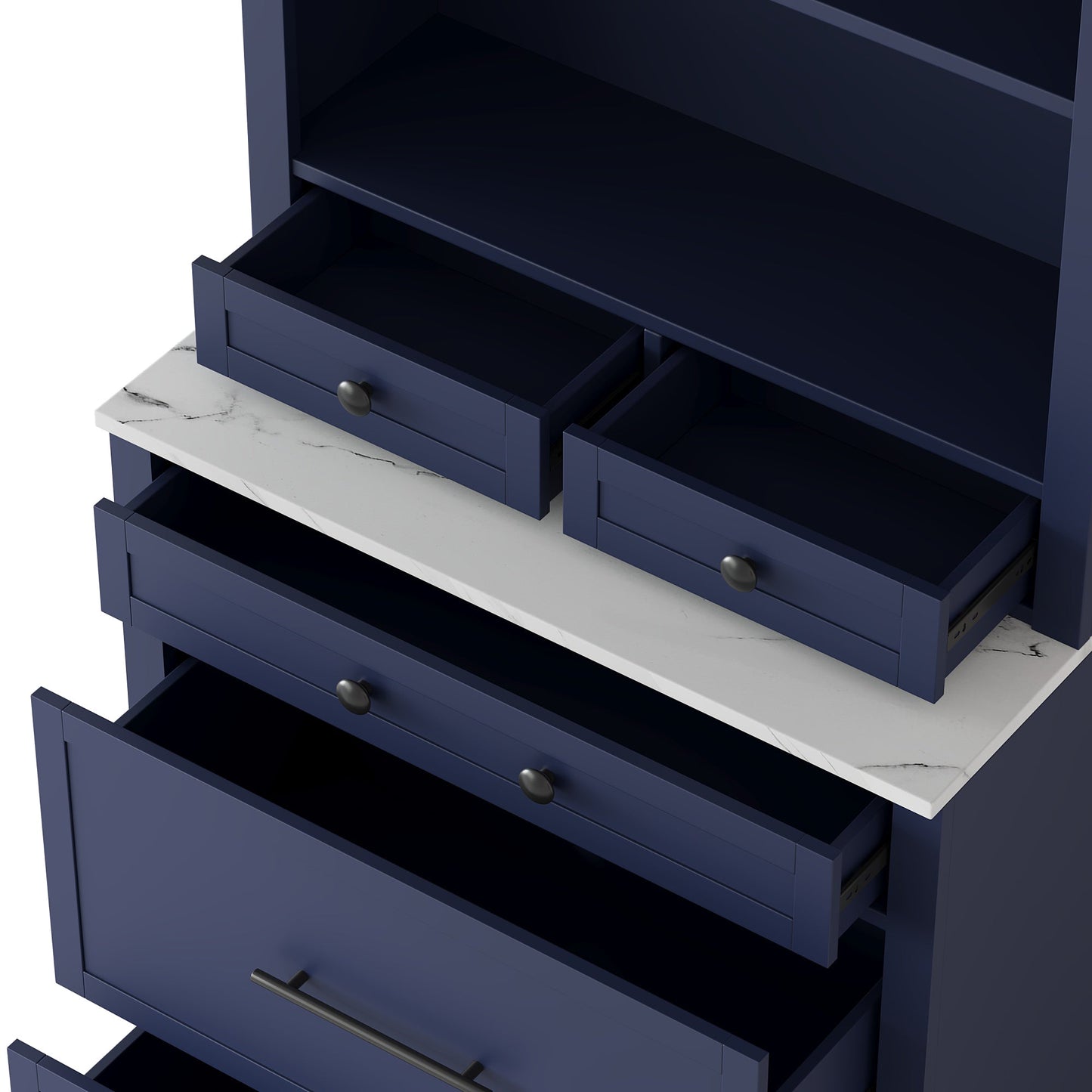 [Assembly Video Provided] TOPMAX Modern 83.7inch High Kitchen Pantry, Freestanding Tall Kitchen Hutch with Faux Marble Top,Cupboard Cabinet with 5 Storage Drawers and Adjustable Shelf, Set of 2, Blue